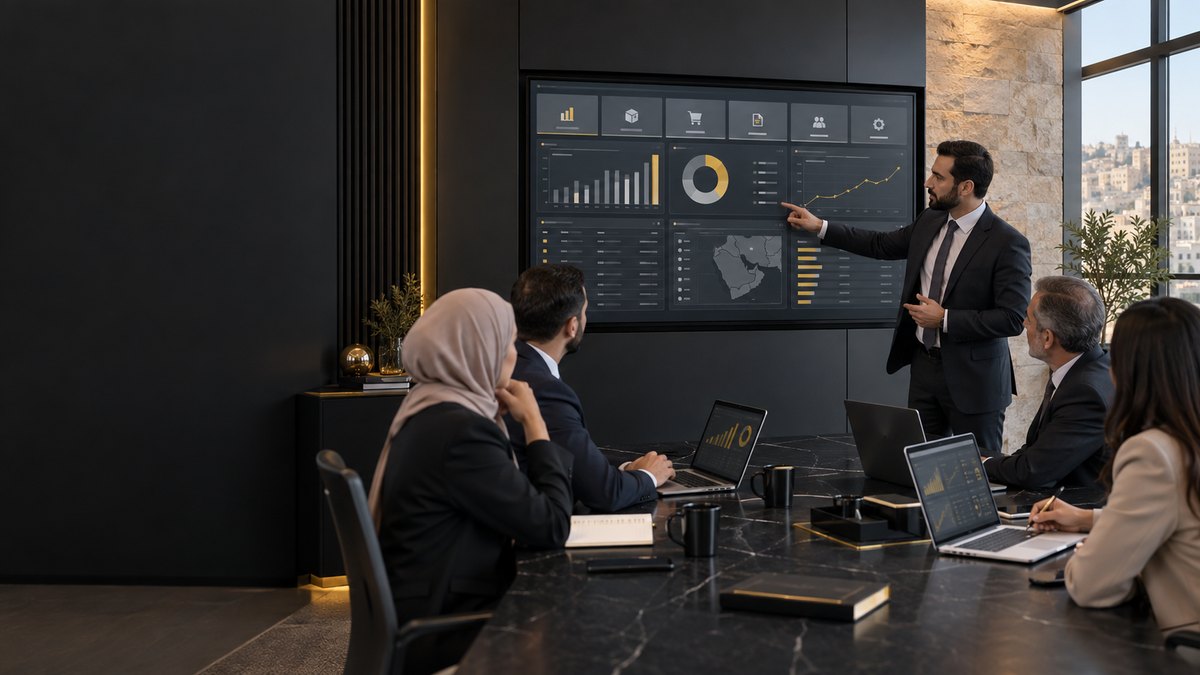 A manager presenting system options on a large screen to a seated board
