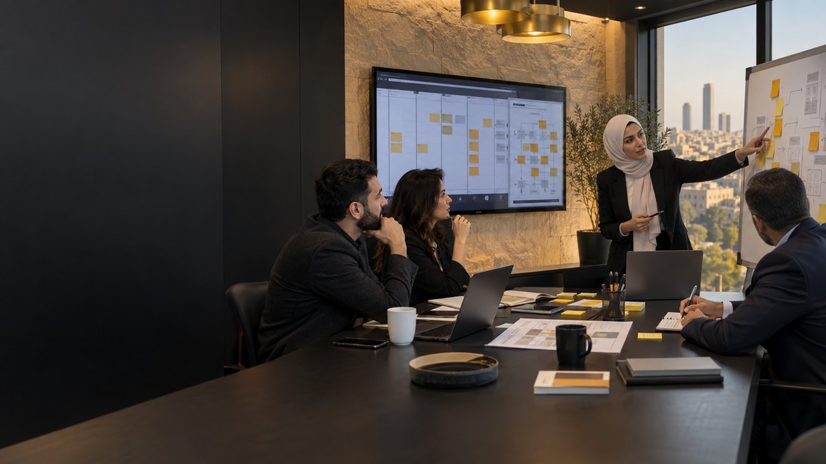 A colleague mapping a process in sticky notes on a whiteboard beside the same flow on screen