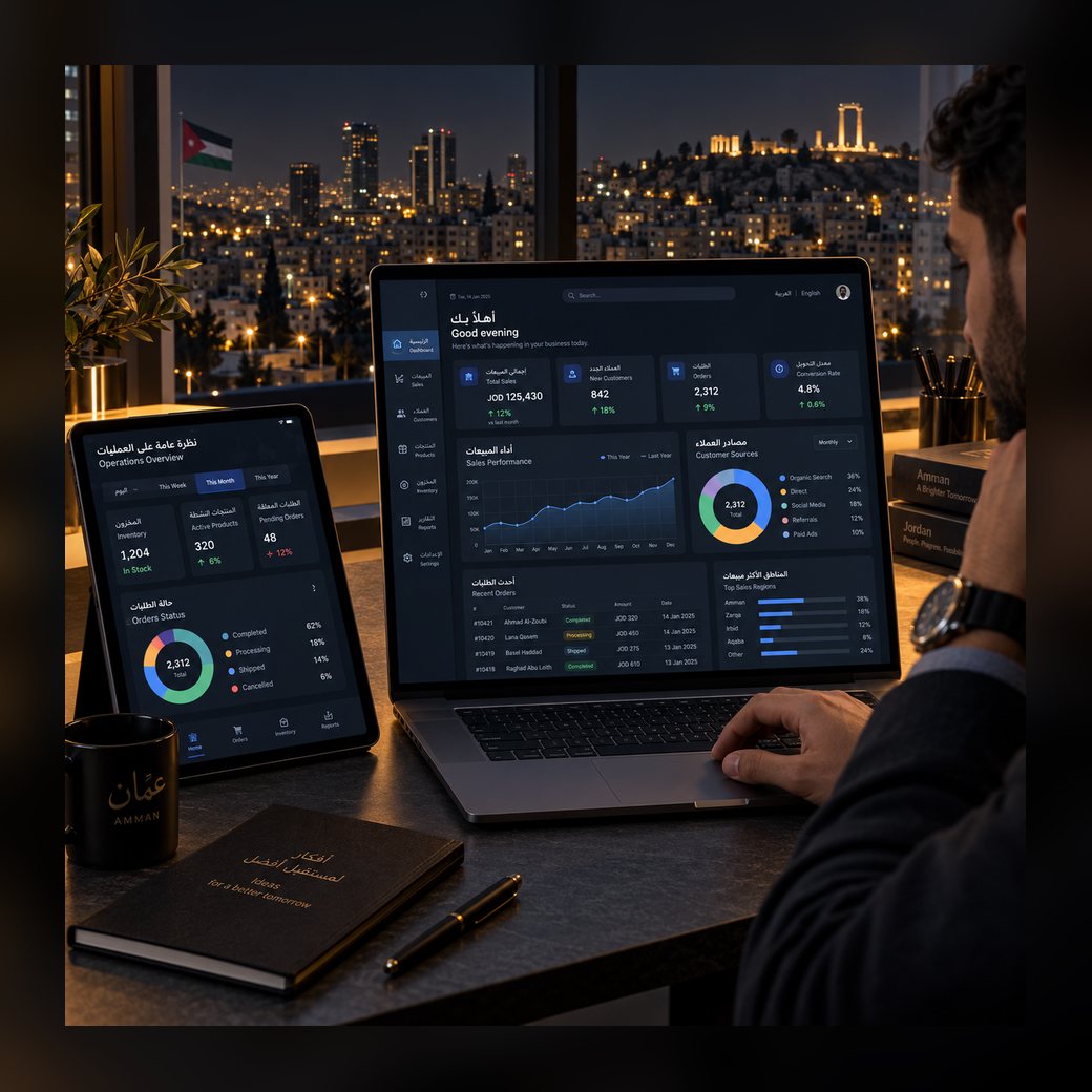 A bilingual sales dashboard open on a desk above Amman at night